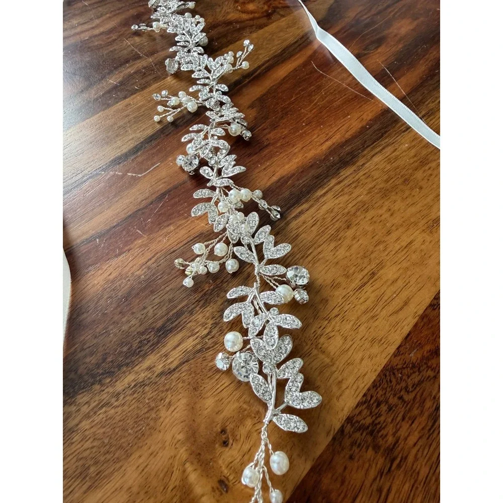 Silver Rhinestone Pearl‎ Bridal Sash Wedding Hair Vine Floral Leaf Ribbon Bride
